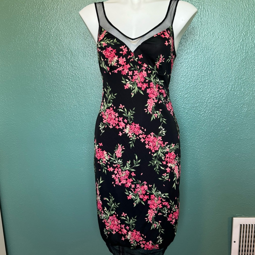 BCBG Dresses Black Sexy Sleeveless Dress Pink Flowers Mesh Neckline V-neck
